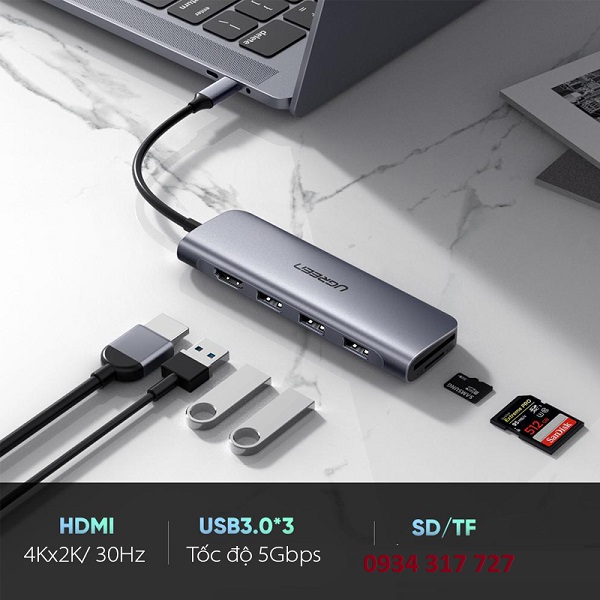 Cáp USB Type C to HDMI, USB 3.0, đọc thẻ SD/TF cao cấp Hãng SX : Ugreen